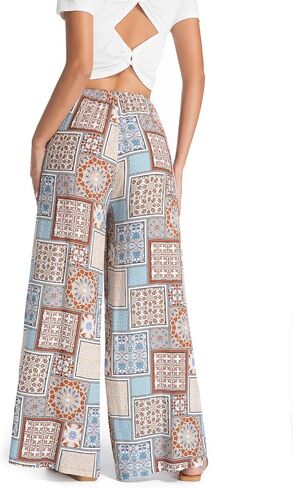 Womens Casual Mid Waist Wide Leg Pants Summer Floral Solid Palazzo Baggy Pants Lounge Beach Trousers with Pocket in Kuwait