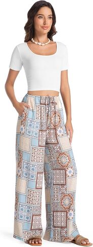 Womens Casual Mid Waist Wide Leg Pants Summer Floral Solid Palazzo Baggy Pants Lounge Beach Trousers with Pocket in Kuwait