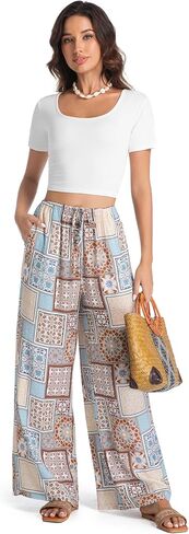 Womens Casual Mid Waist Wide Leg Pants Summer Floral Solid Palazzo Baggy Pants Lounge Beach Trousers with Pocket in Kuwait