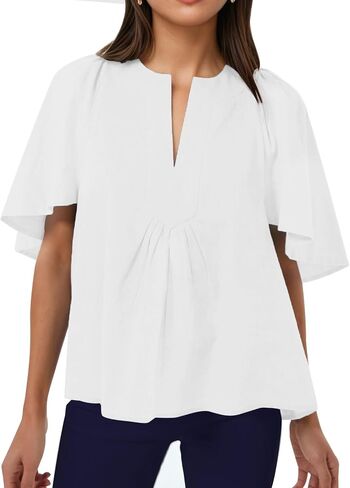 Kedera Womens White Blouse V رقبة رفرفة قمصان الكتان القمصان غير الرسمية قمم الصيف اللطيفة in Kuwait