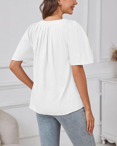 Kedera Womens White Blouse V رقبة رفرفة قمصان الكتان القمصان غير الرسمية قمم الصيف اللطيفة in Kuwait