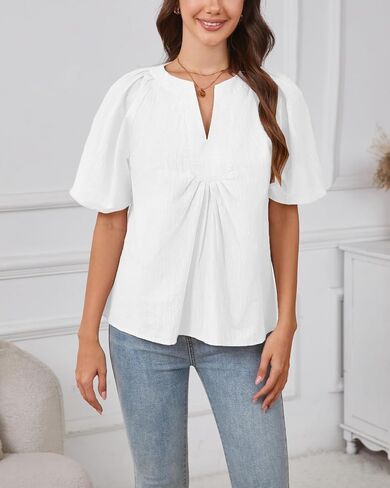 Kedera Womens White Blouse V رقبة رفرفة قمصان الكتان القمصان غير الرسمية قمم الصيف اللطيفة in Kuwait