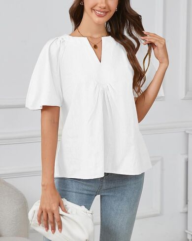 Kedera Womens White Blouse V رقبة رفرفة قمصان الكتان القمصان غير الرسمية قمم الصيف اللطيفة in Kuwait