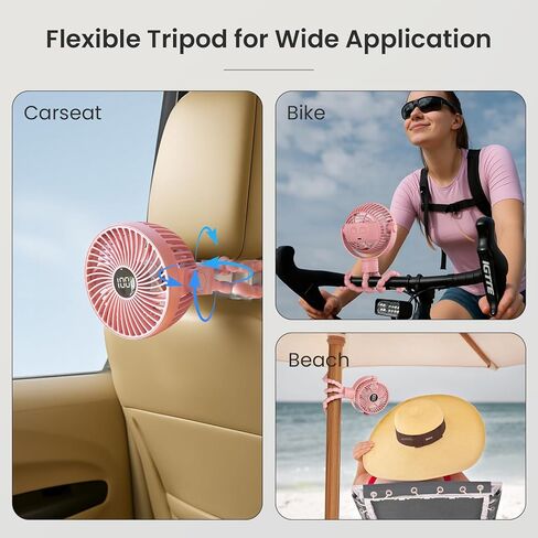 مروحة عربة محمولة ، 4000 مللي أمبير في الساعة مراوح بطارية قابلة للشحن ، 3 أضواء ليلية سطوع ، 4 سرعات ، شاشة LED ، مقطع على مروحة الطفل مع ترايبود مرن للسيارة Backseat Camping ، Black in Kuwait