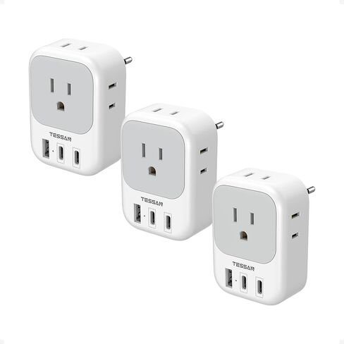 TESSAN 3 Pack European Travel Plug Adapter USB C, US to Europe Power Adapter with 4 AC Outlets and 3 USB (1 USB C), Euro Charger Adaptor Type C for USA to EU Spain France Iceland Italy Germany Greece in Saudi Arabia