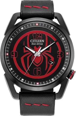 Citizen Men's Men-Drive Marvel Miles Morales Black Ion Pluged Stainless Steel مع ساعة حزام من الجلد الأسود ، الاتصال الهاتفي الأسود ، 42 مم (الطراز: AW1685-00W) in Saudi Arabia
