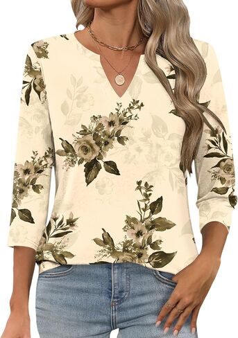 Lomon Womens 3/4 طول الأكمام قمم v الرقبة T قمصان غير رسمية Tees عمل بلوزة ربيع القمصان الصيفية in Kuwait