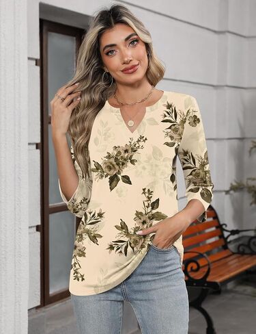 Lomon Womens 3/4 طول الأكمام قمم v الرقبة T قمصان غير رسمية Tees عمل بلوزة ربيع القمصان الصيفية in Kuwait