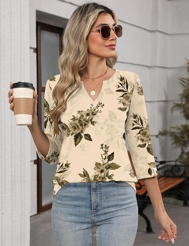 Lomon Womens 3/4 طول الأكمام قمم v الرقبة T قمصان غير رسمية Tees عمل بلوزة ربيع القمصان الصيفية in Kuwait