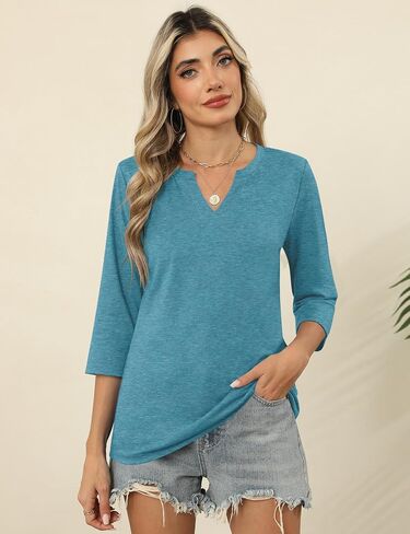 Lomon Womens 3/4 طول الأكمام قمم v الرقبة T قمصان غير رسمية Tees عمل بلوزة ربيع القمصان الصيفية in Kuwait