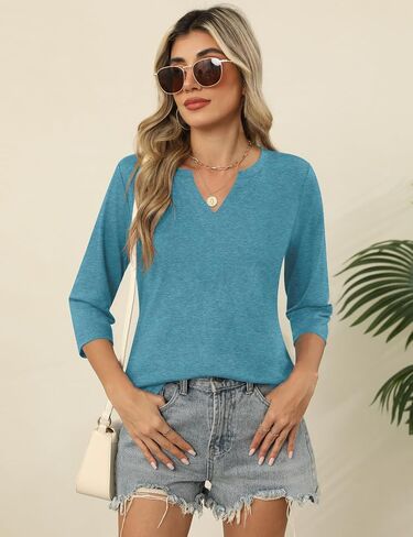 Lomon Womens 3/4 طول الأكمام قمم v الرقبة T قمصان غير رسمية Tees عمل بلوزة ربيع القمصان الصيفية in Kuwait