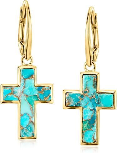 Ross-Simons Turquoise Cross Drop Earrings in 18kt Gold Over Sterling in Saudi Arabia