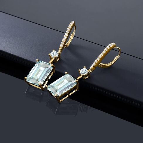 Gem Stone King 18K Yellow Gold Plated Silver Sky Blue Simulated Aquamarine Dangle Earrings For Women (14.08 Cttw, Emerald Cut 14X10MM) in Saudi Arabia