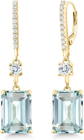 Gem Stone King 18K Yellow Gold Plated Silver Sky Blue Simulated Aquamarine Dangle Earrings For Women (14.08 Cttw, Emerald Cut 14X10MM) in Saudi Arabia