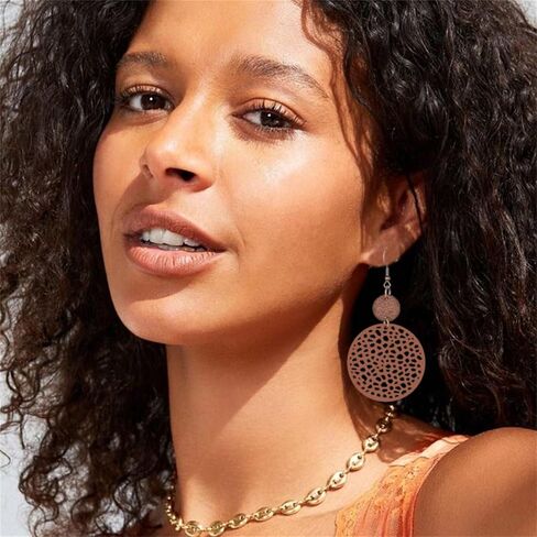 coadipress Vintage Geometric Round Earrings Wooden Earrings Handmade Natural Wooden Hollow Out Circle Earrings Bohemian Lightweight Statement Western Earrings for Women in Saudi Arabia