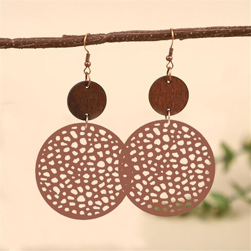 coadipress Vintage Geometric Round Earrings Wooden Earrings Handmade Natural Wooden Hollow Out Circle Earrings Bohemian Lightweight Statement Western Earrings for Women in Saudi Arabia