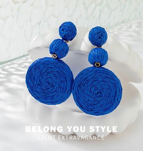 Boho Raffia Ball أقراط طويلة للألوان متعددة المصنوعة يدويًا أقراطًا أقراطًا صيفًا شاطئًا شاطئًا شاطئًا in Saudi Arabia