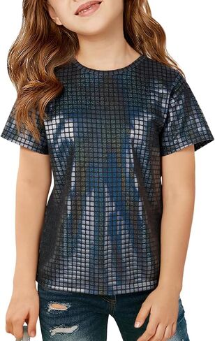 Girls Metallic Outfit Crop Top Short Sleeve Shirt Concert Sequin Tee Hip Hop Disco Loose Blouse 3-4Years in Saudi Arabia