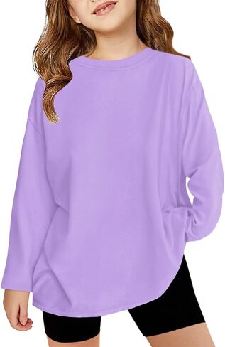 Girls Long Sleeve T Shirts Kids Plain Tops Basic Crewneck Tees 5-14 Years in Saudi Arabia