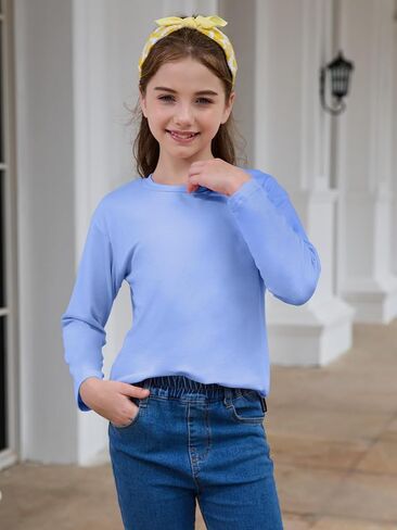 Girls Long Sleeve T Shirts Kids Plain Tops Basic Crewneck Tees 5-14 Years in Saudi Arabia