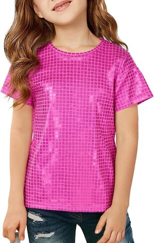Girls Metallic Outfit Crop Top Short Sleeve Shirt Concert Sequin Tee Hip Hop Disco Loose Blouse 3-4Years in Saudi Arabia