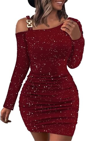 Nuofengkudu Women's Long Sleeve Off Shoulder Sequin Bodycon Party Club Cocktail Mini Dresses in Saudi Arabia