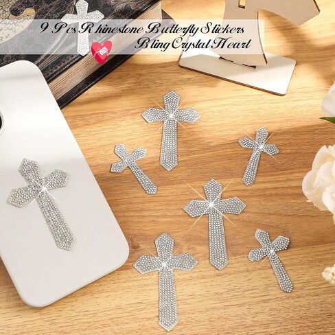 Frienda 8 قطع Silver Bling Cross Carcals ملصقات راينستون مقاومة للماء مع دعم ذاتي اللصق للديكور المصد من أجهزة الكمبيوتر المحمولة للأمتعة الداخلية خوذة دراجة نارية خارجية in Saudi Arabia