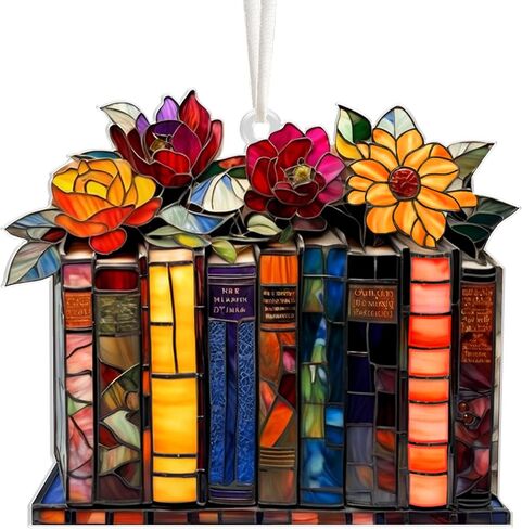 Jabihome Book Ornament الزجاج الملون ، هدايا الكتابية لأمين المكتبة ، عشاق الكتب ، القارئ ، المعلم ، النساء ، الكتب ، نافذة Suncatcher معلقة ديكري أكريليك لشجرة عيد الميلاد (رف الأزهار) in Kuwait