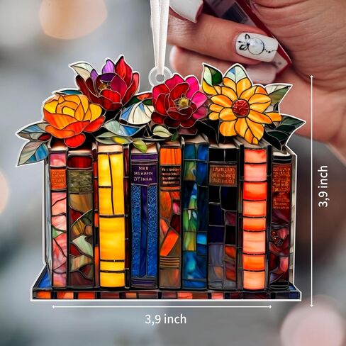 Jabihome Book Ornament الزجاج الملون ، هدايا الكتابية لأمين المكتبة ، عشاق الكتب ، القارئ ، المعلم ، النساء ، الكتب ، نافذة Suncatcher معلقة ديكري أكريليك لشجرة عيد الميلاد (رف الأزهار) in Kuwait
