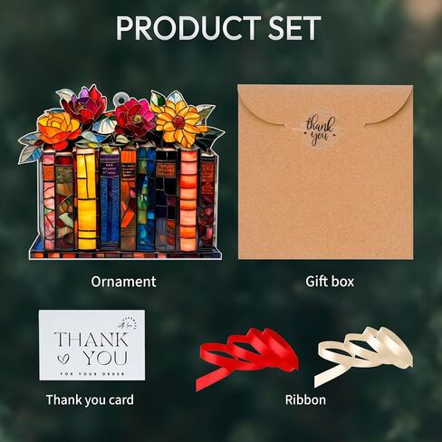 Jabihome Book Ornament الزجاج الملون ، هدايا الكتابية لأمين المكتبة ، عشاق الكتب ، القارئ ، المعلم ، النساء ، الكتب ، نافذة Suncatcher معلقة ديكري أكريليك لشجرة عيد الميلاد (رف الأزهار) in Kuwait