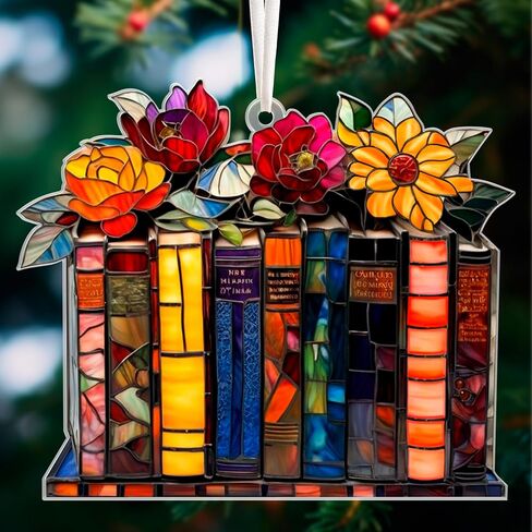 Jabihome Book Ornament الزجاج الملون ، هدايا الكتابية لأمين المكتبة ، عشاق الكتب ، القارئ ، المعلم ، النساء ، الكتب ، نافذة Suncatcher معلقة ديكري أكريليك لشجرة عيد الميلاد (رف الأزهار) in Kuwait