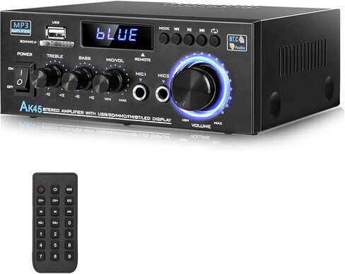 Home Audio Amplifier Receivers 200W Bluetooth 5.0 RMS 30W x 2 AK35 Stereo Receiver for Speakers 2.0 Channel Power Amp with Bass & Treble Remote Control w/USB/TF/MIC/AUX Input in Kuwait