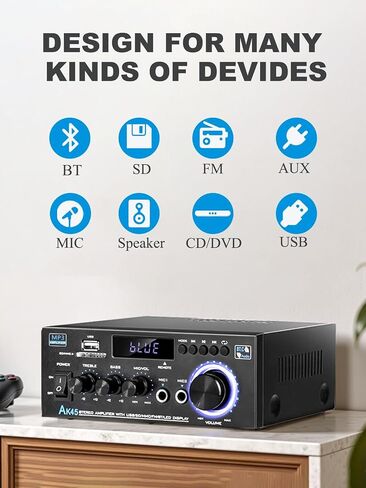 Home Audio Amplifier Receivers 200W Bluetooth 5.0 RMS 30W x 2 AK35 Stereo Receiver for Speakers 2.0 Channel Power Amp with Bass & Treble Remote Control w/USB/TF/MIC/AUX Input in Kuwait