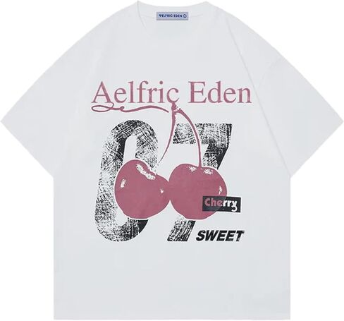 Aelfric Eden Cherry Print Tee Oversized Graphic Tees Short Sleeve Crewneck Shirts Y2K Vintage Unisex Streetwear in Saudi Arabia