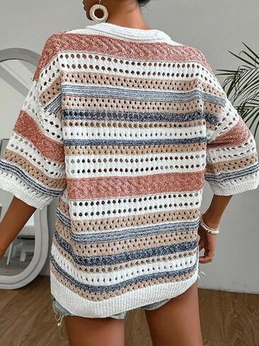 jonivey Womens Short Sleeve V Neck Summer Casual Crochet Knit Sweater Hollow Out Striped Tops Beach Vacation Outfits in Kuwait