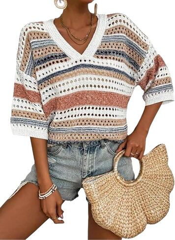jonivey Womens Short Sleeve V Neck Summer Casual Crochet Knit Sweater Hollow Out Striped Tops Beach Vacation Outfits in Kuwait