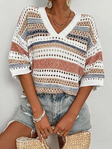 jonivey Womens Short Sleeve V Neck Summer Casual Crochet Knit Sweater Hollow Out Striped Tops Beach Vacation Outfits in Kuwait