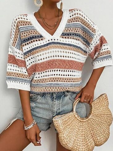 jonivey Womens Short Sleeve V Neck Summer Casual Crochet Knit Sweater Hollow Out Striped Tops Beach Vacation Outfits in Kuwait