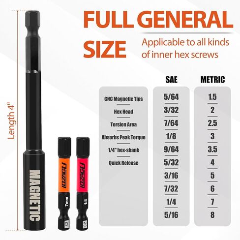 Impact Allen Wrench Drill Bit Set Hex Bit Set 4" Long, Magnetic Allen Head,CNC 21Pcs Metric&SAE, 1/4" Hex-Shank S2 Steel Head with Quick Release Bit Holder and Storage Box in Kuwait