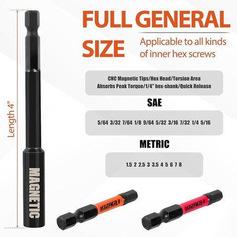 Impact Allen Wrench Drill Bit Set Hex Bit Set 4" Long, Magnetic Allen Head,CNC 21Pcs Metric&SAE, 1/4" Hex-Shank S2 Steel Head with Quick Release Bit Holder and Storage Box in Kuwait