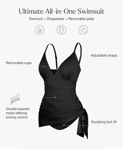 Popilush One Piece Swim Dress Tummy Control Swimsuits for Women Ruched Shapewear Split Bathing Suit in Kuwait