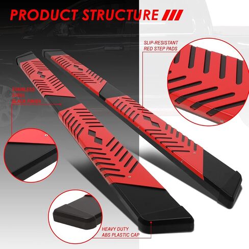 Auto Dynasty Flat Running Boards with Red Step Plate Compatible with 2009-2024 Dodge Ram 1500 2500 3500 Crew Cab, Stainless Steel Side Nerf Bar, 5.5 Inches Step Bars, Black Painted Finish in Saudi Arabia