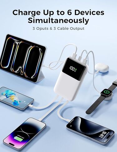 شاحن محمول مع كابل مدمج ، بنك الطاقة 15000mah ، شحن سريع 22.5 واط ، 6 مخرجات ، حزمة بطارية أساسية سليم سافر مع شاشة LED ، متوافقة مع iPhone 16/15/14/13 ، Samsung ، iPad ، إلخ in Kuwait