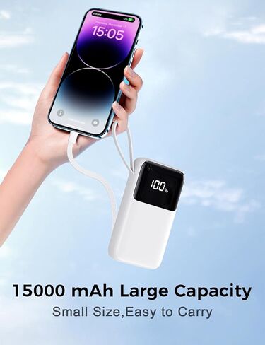 شاحن محمول مع كابل مدمج ، بنك الطاقة 15000mah ، شحن سريع 22.5 واط ، 6 مخرجات ، حزمة بطارية أساسية سليم سافر مع شاشة LED ، متوافقة مع iPhone 16/15/14/13 ، Samsung ، iPad ، إلخ in Kuwait