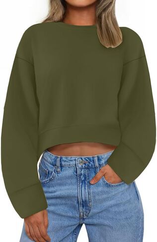Ymoshoe Cropped Sweatshirts For Women Soft Crewneck Sweatshirt Long Sleeve Basic Fall Winter Tops 2025 in Kuwait