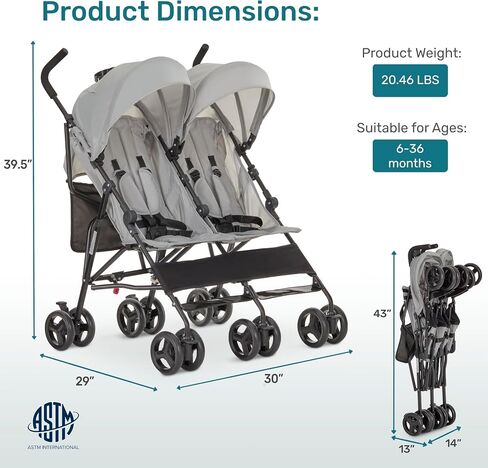 Dream On Me Twin Venture Umbrella Stroller in Pink, Multi Backrest Positions, Adjustable & Removable Canopy Double Stroller, 360°Swivel Wheels with Locks in Saudi Arabia