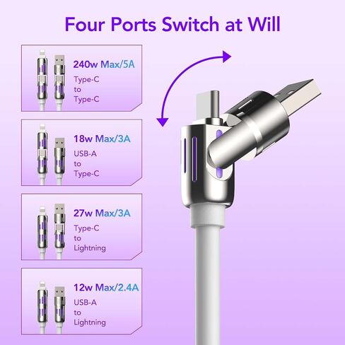 MFish 240W 4-in-1 Fast Charging Cable, Pink, 6.6FT in Kuwait