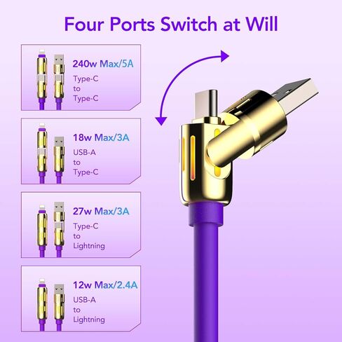 4-in-1 Multi USB Charging Cable -MAX 240W Fast Charging/Charger Cord with USB A+Type C for iPhone 16/15 14 13 iPad Samsung Galaxy MacBook iPad Tablets and More (Grey, 6.6Ft) in Kuwait
