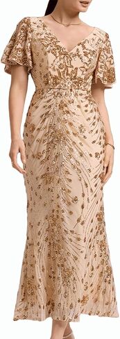 Ever-Pretty Women's Gorgeous V Neck Sequin Tulle Short Sleeves Bodycon Maxi Formal Evening Gowns 02370 in Saudi Arabia