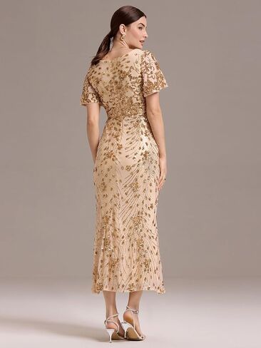 Ever-Pretty Women's Gorgeous V Neck Sequin Tulle Short Sleeves Bodycon Maxi Formal Evening Gowns 02370 in Saudi Arabia